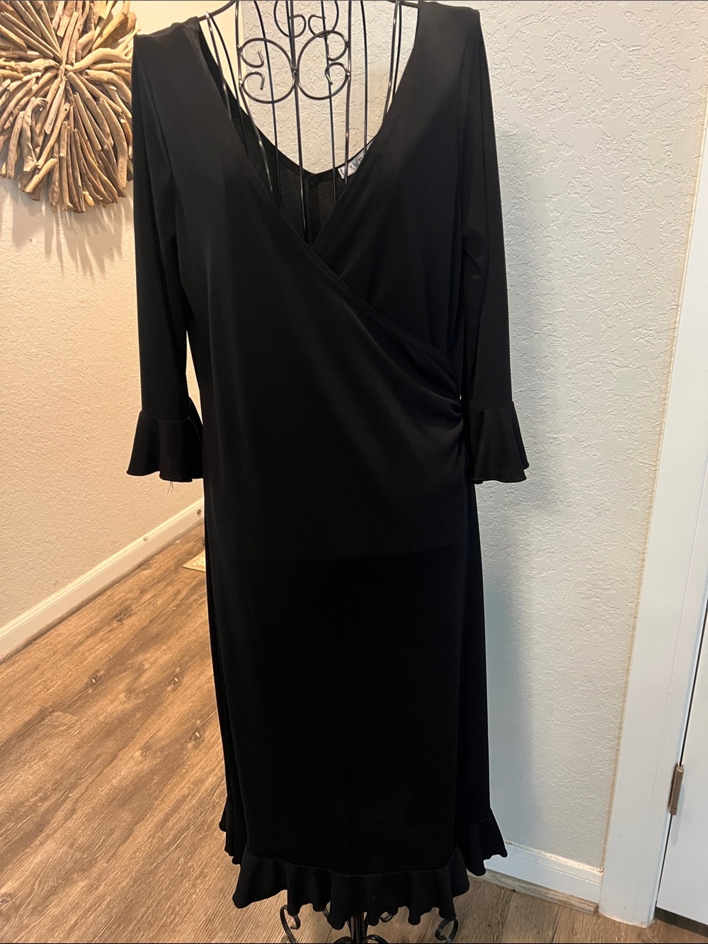 La Belle Black Wrap Midi Dress with Ruffle Trim